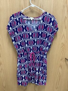 Navy Floral Drawstring Dress with Pink Accents